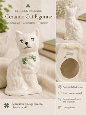 Vintage Belleek Ireland White Porcelain Cat Figurine with Shamrocks